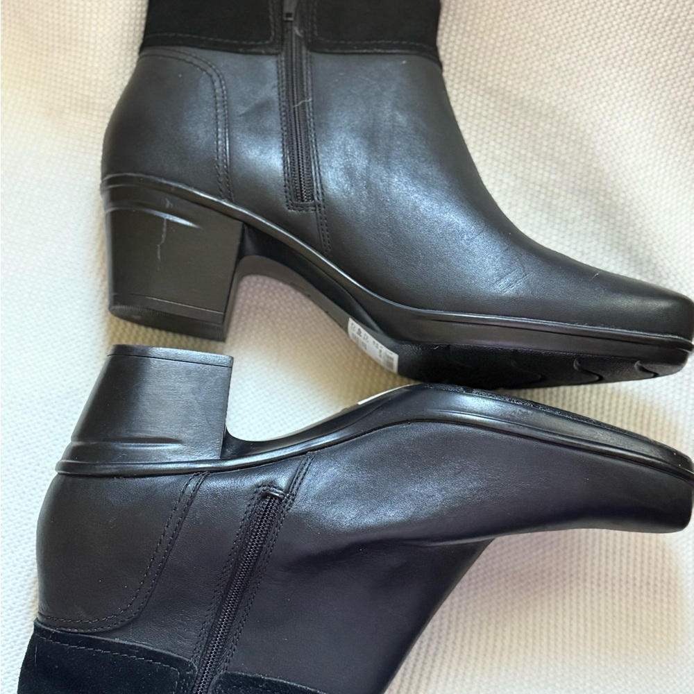 Clarks Black Heeled Boots Emslie Twist Leather Booties Sleek and Stylish